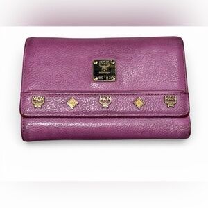 MCM Purple Pebbled Leather Continental Wallet with Gold Accents